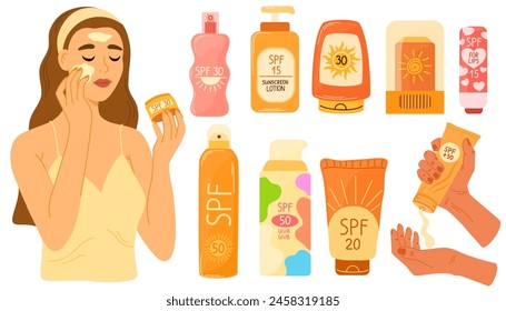 Sunscreen products set isolated. Woman applying sunscreen product. SPF protection and sun safety concept. SPF summer products lotion, cream, spray.