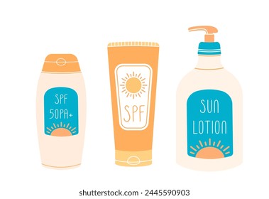 Sunscreen products set on white background. Sun protection cosmetics. SPF bottles.  Summer safety lotion and cream