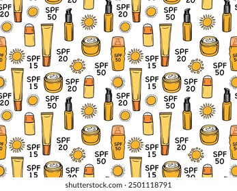 sunscreen products with SPF ratings, suns seamless pattern for skincare, summer promotions, and health awareness materials. Yellow doodle pattern for wrapping paper, textile print, package design