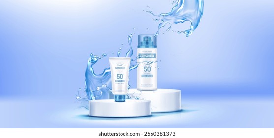 Sunscreen products SPF50 display with water splash effect. Summer skincare cosmetic tubes on white circular platforms surrounded by dynamic liquid motion and droplets on soft blue gradient backdrop.