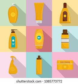 Sunscreen protection bottle icons set. Flat illustration of 9 sunscreen protection bottle vector icons for web