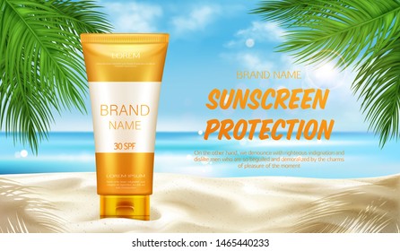 Sunscreen protection cosmetic, mock up banner, summer uv block cream tubes stand on sand at seascape background with palm leaves, skin care solar lotion. Realistic 3d vector illustration