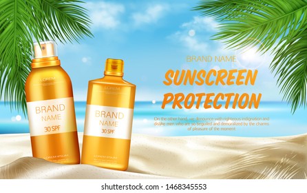 Sunscreen protection cosmetic, mock up banner, summer uv block sprayer and cream tubes stand on sand at seascape background with palm leaves, skin care solar lotion. Realistic 3d vector illustration