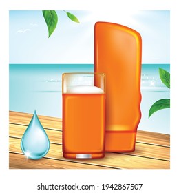 Sunscreen Protection Cream Promotion Banner Vector. Sunscreen Lotion And Cream Blank Packages On Wooden Table, Green Leaves And Ocean Water On Advertising Poster. Color Concept Template Illustration