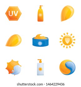 Sunscreen protection icon set. Cartoon set of 9 sunscreen protection vector icons for web design isolated on white background