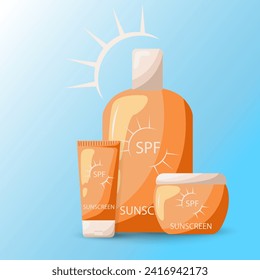 Sunscreen protection pun care cosmetics containers. Protection for the skin from solar ultraviolet light. Design elements for booklet, leaflet or sticker. Healthy sunbathing sunscreens.