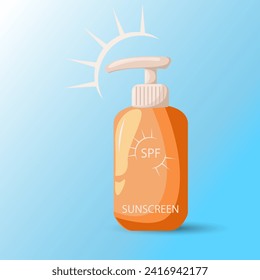 Sunscreen protection pun care cosmetics container. Protection for the skin from solar ultraviolet light. Design elements for booklet, leaflet or sticker. Healthy sunbathing sunscreens.