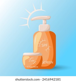 Sunscreen protection pun care cosmetics containers. Protection for the skin from solar ultraviolet light. Design elements for booklet, leaflet or sticker. Healthy sunbathing sunscreens.