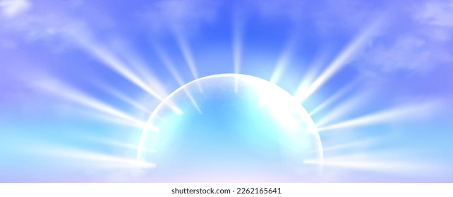 Esfera de protección de pantalla solar sobre fondo azul del cielo. Ilustración vectorial realista del escudo de cúpula transparente penetrado por rayos solares. Protección de la piel contra la radiación uv. Efecto Sunblock