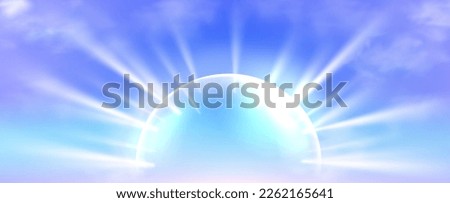 Sunscreen protection sphere on blue sky background. Vector realistic illustration of transparent dome shield penetrated by sun light rays. Skin spf protection against uv radiation. Sunblock effect