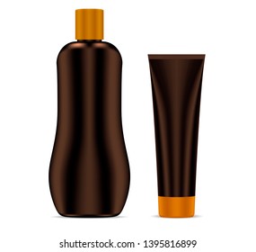 Sunscreen protection sun care cosmetic containers Brown set. Lotion Bottle and Cream Tube Packaging for Spf Protection.Spa Skin Moisturizer Blank Collection. Vector illustration.