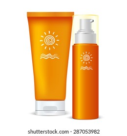 Sunscreen Protection Sun Care Cosmetics Containers Orange Set. Vector illustration.