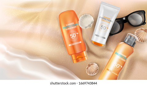 Sunscreen protections packaging mock up ads. Beach seashore background. Summer season. Realistic vector 3D illustration.