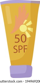 Sunscreen. Protects your skin from the harmful rays of the sun. SPF 50.  A must-have for vacations and travel. element for your design.  Simple flat illustration.