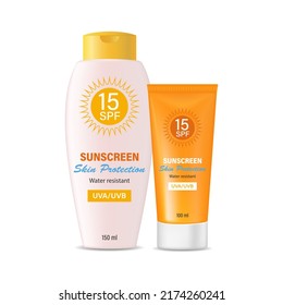 Sunscreen realistic 3D tube and bottle with gel or cream to protect the skin and block UVA, UVB rays. Ready for branding, packaging and advertising design.