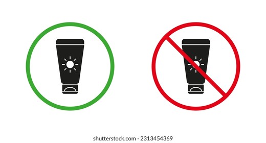 Sunscreen Red and Green Warning Signs. Spf Cosmetic Bottle Sunblock Silhouette Icons Set. Tanning Lotion Symbol. Use Sun Screen UV Allowed and Prohibited Pictogram. Isolated Vector Illustration.