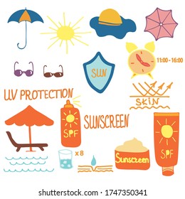 Protección de pantalla solar para los iconos de uv. Protección solar en verano y playa - crema SPF, spray, paraguas, sombrero, gafas de sol. Ilustración dibujada a mano al estilo Doodle. Vector