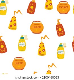 Sunscreen seamless pattern. Sun safety. Summer cosmetic. Tubes and bottles of sunscreen products with different SPF, cream, lotion, lipstick, spray. Skin protection. Hand drawn vector illustration.