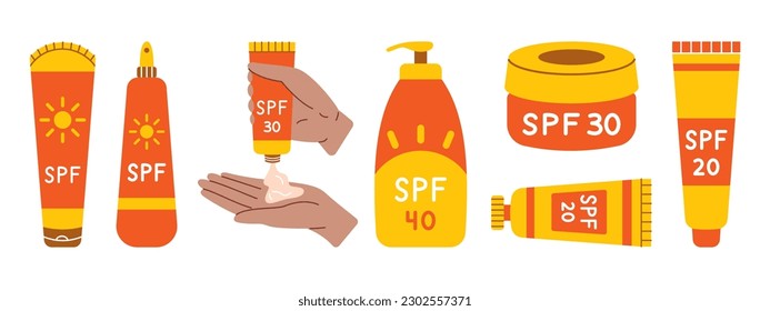 Sunscreen set. Collection of lotions with SPF. Skin protection from sun. Bottles, tubes with sunblock, dark skin hands with cream. Summer cosmetic. Set of sunscreen skin care products.