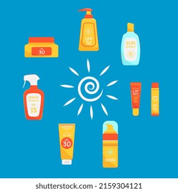 Sunscreen set on summer with SPF UVA UVB protection. Travel vacation cosmetics banner.