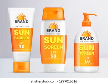 Sunscreen set of realistic moisturizing lotion container templates. Sun protection cream tube and bottle. Vector illustration
