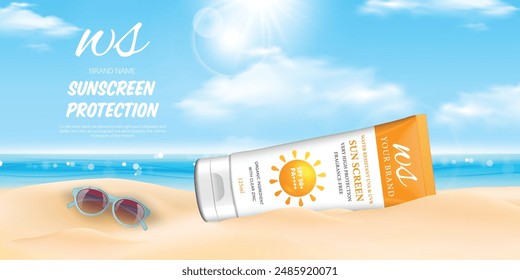 The sunscreen skin care cream lotion on the beach with the blue sea and blue sky and sunshine with cloud in the summer season