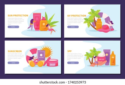 Sunscreen skin care flat 4x1 set of horizontal banners with clickable buttons editable text and images vector illustration