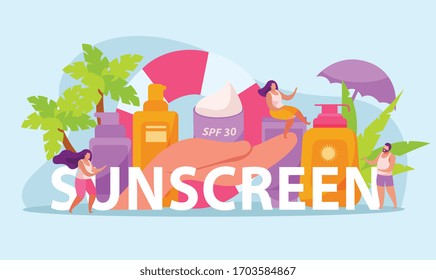 Composición de texto plano de protección solar con imágenes de lociones corporales cremas árboles tropicales e ilustraciones vectoriales de personas