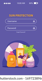 Sunscreen skin care flat vertical background with login fields and images of protective creams with text vector illustration 