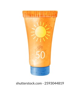 Sunscreen. Skin care product.Sun protection cosmetics.Vector watercolor illustration