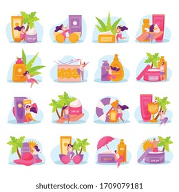 Conjunto de imágenes aisladas e imágenes de personas relajantes de plantas tropicales y lociones ilustraciones vectoriales