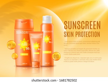 Sunscreen skin protection ad poster mockup with orange cosmetic lotion bottles and text template on sunny yellow background. Vector illustration of SPF cream.