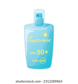 Sunscreen skin protection lotion for summer vacation. Isolated illustration on white background. Bright vector design of sunblock skin care spray bottle for sea vacation and beach activities