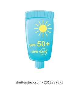 Sunscreen skin protection lotion for summer vacation. Isolated illustration on white background. Bright vector design of sunblock skin care crem tube for sea vacation and beach activities