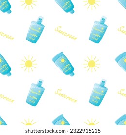 Sunscreen skin protection seamless pattern background. Bright vector design with sunblock skin care lotions, sun for print, wrapping paper, textile
