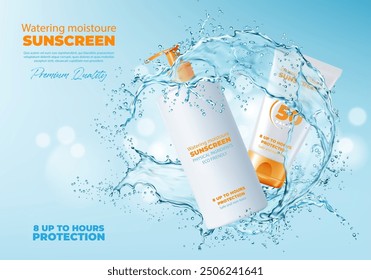 Sunscreen skincare cream with water splash for sunblock cosmetics, vector ad poster template. Sunscreen face cream tube and body lotion bottle mockups with orange caps in realistic water splash wave