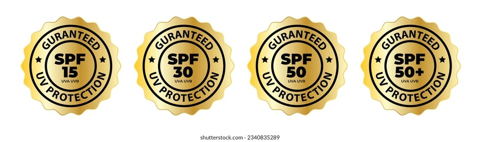 Sunscreen spf 15, 30, 50, 50+ uva uvb protection icon set. sunblock protect vector symbol, badge or stamp.