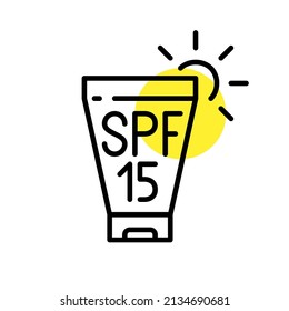 Sunscreen SPF 15 protective lotion tube to prevent ageing and skin cancer. Pixel perfect, editable stroke