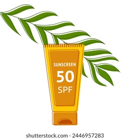 Sonnencreme SPF 50, tropisches Blatt für den Banner. Röhre von Sommerkosmetik. Sonnencreme. Hautschutz. Sonnenschutzmittel. Farbumriss-Bild auf weißem Hintergrund. Isoliert. Flach. Vektorillustration