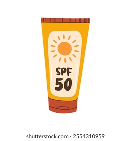 Sunscreen. SPF 50. A tube of cream for sun protection. A summer essential for travel, tourism, and relaxation. Ensures safe tanning. A cosmetic product in the beauty sector