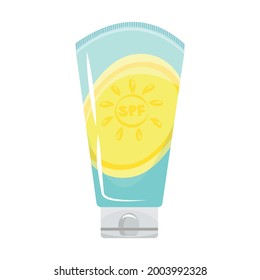 Sunscreen. SPF cream blocks the sun's rays. Bottle of cosmetic product for sunburn.