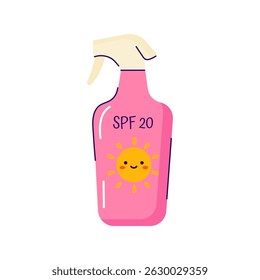 Protetor solar SPF creme garrafa com um sol sorridente sobre ele. Garrafa com produto cosmético de proteção solar. Frasco de protetor solar isolado sobre fundo branco