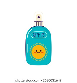 Protetor solar SPF creme garrafa com um sol sorridente sobre ele. Garrafa com produto cosmético de proteção solar. Frasco de protetor solar isolado sobre fundo branco