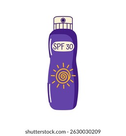 Sunscreen SPF cream bottle with a  sun on it. Bottle with sun protection cosmetic product. Bottle of sunscreen with isolated on white background