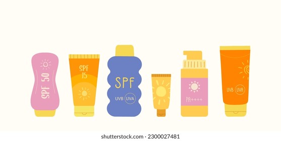 Sunscreen SPF cream bottles. Sun block and sun protection skin care. Vector