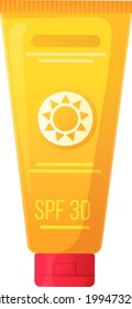 Crema spf. de pantalla solar. Loción de protección UV para bloques de sol, cara y cuerpo, cosmética para el cuidado de la piel de verano, concepto de prevención de quemaduras solares y melanoma. Ilustración vectorial de existencias aislada en fondo blanco en ca plana