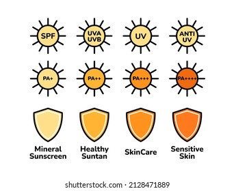 Sunscreen SPF labels for sunblock cosmetic packages. Linear style safety sun protection signs for summer skincare cosmetic products. Sun and shield icon set. Levels of protection PA+ to PA+++.