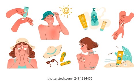 Sunscreen SPF protection. Applying sunscreen to skin Sun UV