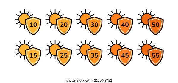 Sunscreen SPF sign label icon set for sunblock packages. Sun shield icons with levels of SPF protection. Summer skincare cosmetic, healthcare concept, simple graphic silhouette design element set.