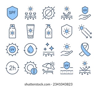 Sunscreen, SPF, solar UV protection blue editable stroke outline icons set isolated on white background flat vector illustration. Pixel perfect. 64 x 64.